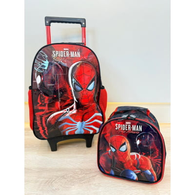 Kit Mochila de Rodinhas Escolar Tam.16 + Lancheira do Homem Aranha