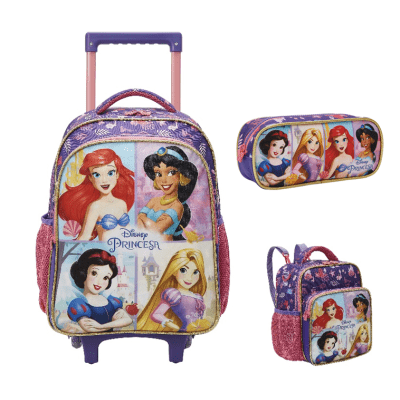 Kit Mochila de Rodinhas + Estojo Triplo Escolar + Lancheira Princesas da Disney Glitter