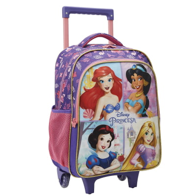 Kit Mochila de Rodinhas + Estojo Triplo Escolar Princesas da Disney Glitter