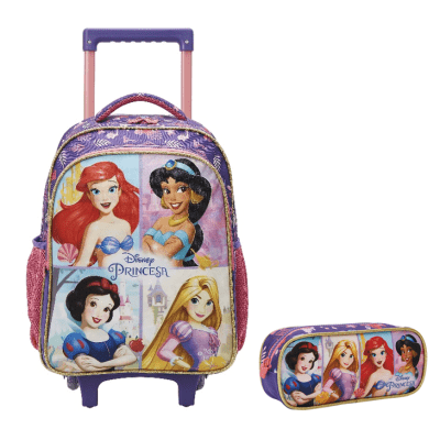 Kit Mochila de Rodinhas + Estojo Triplo Escolar Princesas da Disney Glitter Kit Mochila de Rodinhas + Estojo Triplo Escolar Princesas da Disney Glitter