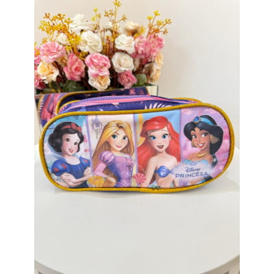 Kit Mochila de Rodinhas + Estojo Triplo Escolar Princesas da Disney Glitter