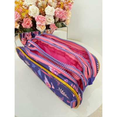 Kit Mochila de Rodinhas + Estojo Triplo Escolar Princesas da Disney Glitter