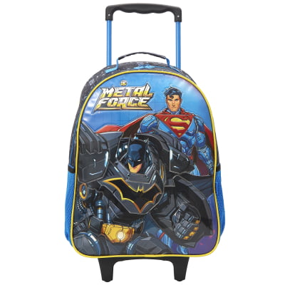Kit Mochila de Rodinhas + Lancheira Escolar Liga da Justiça Metal Force
