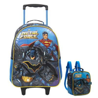 Kit Mochila de Rodinhas + Lancheira Escolar Liga da Justiça Metal Force