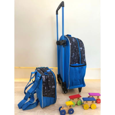 Kit Mochila de Rodinhas + Lancheira Escolar Liga da Justiça Metal Force