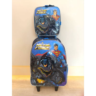 Kit Mochila de Rodinhas + Lancheira Escolar Liga da Justiça Metal Force