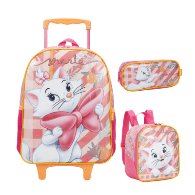 Kit Mochila de Rodinhas + Lancheira + Estojo simples Escolar da Gatinha Marie
