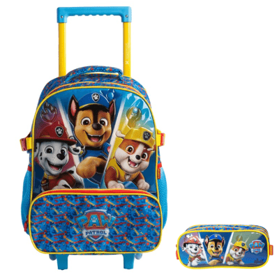 Kit Mochila de Rodinhas Tam.16 e Estojo Duplo Escolar da Patrulha Canina S2