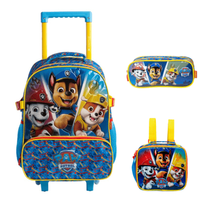 Kit Mochila de Rodinhas Tam.16 + Lancheira Térmica e Estojo Duplo Escolar da Patrulha Canina S2