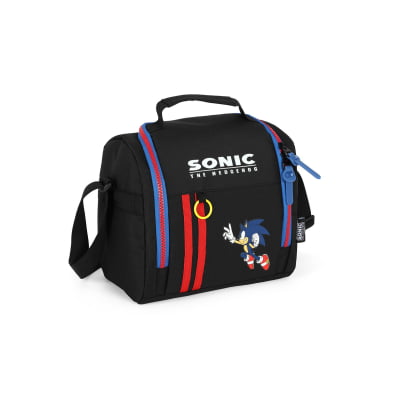 Kit Mochila Escolar Costa C/ Rodinha Tam. 16 + Lancheira Térmica do Sonic Hedgehog Juvenil Preto e Azul