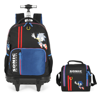 Kit Mochila Escolar Costa C/ Rodinha Tam. 16 + Lancheira Térmica do Sonic Hedgehog Juvenil Preto e Azul