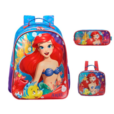 Kit Mochila Escolar + Estojo duplo + Lancheira da Princesa Disney Ariel Metálica