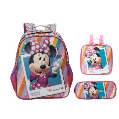 Kit Mochila Escolar + Estojo Duplo + Lancheira Minnie no Celular