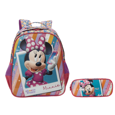 Kit Mochila Escolar + Estojo Duplo Minnie no Celular