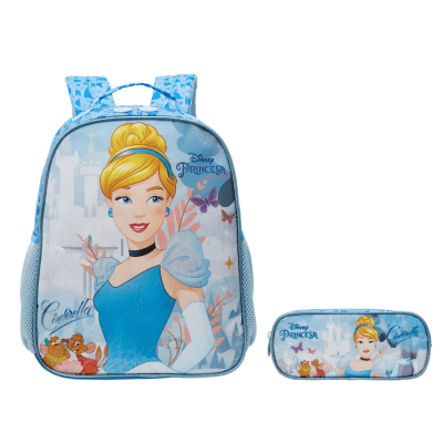 Kit Mochila Escolar + Estojo simples da Princesa Disney Cinderela Azul