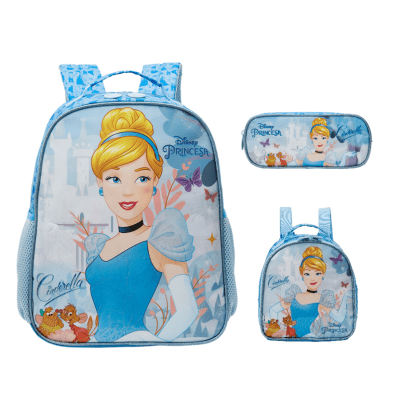 Kit Mochila Escolar + Estojo simples + Lancheira da Princesa Disney Cinderela Azul