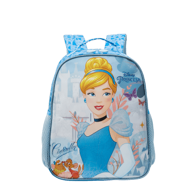 Kit Mochila Escolar + Estojo simples + Lancheira da Princesa Disney Cinderela Azul