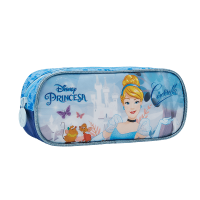Kit Mochila Escolar + Estojo simples + Lancheira da Princesa Disney Cinderela Azul