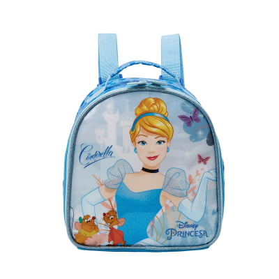 Kit Mochila Escolar + Estojo simples + Lancheira da Princesa Disney Cinderela Azul