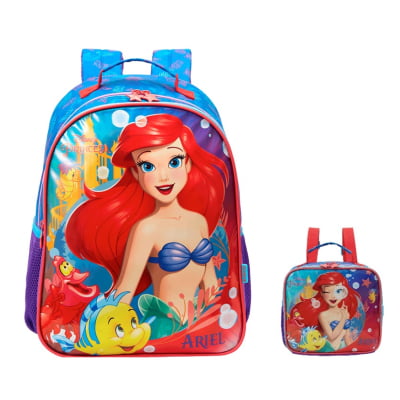 Kit Mochila Escolar + Lancheira da Princesa Disney Ariel Metálica