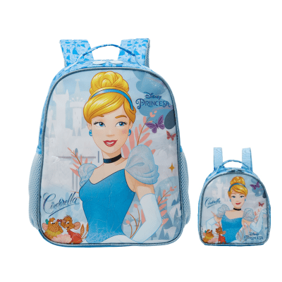 Kit Mochila Escolar + Lancheira da Princesa Disney Cinderela Azul