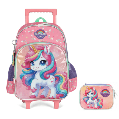 Kit Mochila Infantil C/ Rodinhas + Estojo Box Unicórnio Colorida Up4you Kit Mochila Infantil C/ Rodinhas + Estojo Box Unicórnio Colorida Up4you