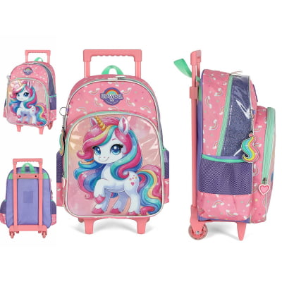 Kit Mochila Infantil C/ Rodinhas + Estojo Box Unicórnio Colorida Up4you