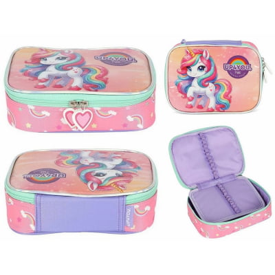 Kit Mochila Infantil C/ Rodinhas + Estojo Box Unicórnio Colorida Up4you