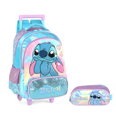 Kit Mochila Infantil C/ Rodinhas + Estojo Triplo da Lilo Stitch e Angel Azul Kit Mochila Infantil C/ Rodinhas + Estojo Triplo da Lilo Stitch e Angel Azul