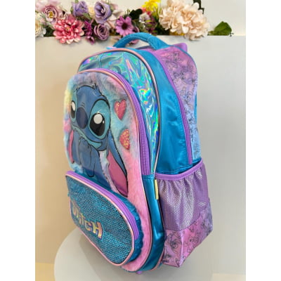 Kit Mochila Infantil C/ Rodinhas + Estojo Triplo da Lilo Stitch e Angel Azul