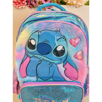 Kit Mochila Infantil C/ Rodinhas + Estojo Triplo da Lilo Stitch e Angel Azul