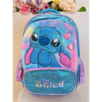 Kit Mochila Infantil C/ Rodinhas + Estojo Triplo da Lilo Stitch e Angel Azul