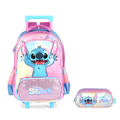 Kit Mochila Infantil C/ Rodinhas + Estojo Triplo da Lilo Stitch e Angel Roxa Kit Mochila Infantil C/ Rodinhas + Estojo Triplo da Lilo Stitch e Angel Roxa