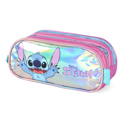 Kit Mochila Infantil C/ Rodinhas + Estojo Triplo da Lilo Stitch e Angel Roxa