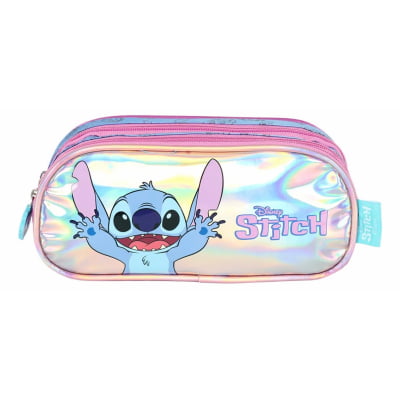 Kit Mochila Infantil C/ Rodinhas + Estojo Triplo da Lilo Stitch e Angel Roxa
