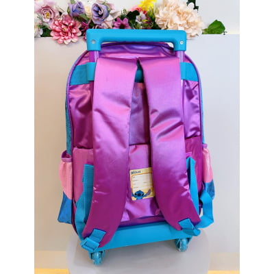 Kit Mochila Infantil C/ Rodinhas + Estojo Triplo da Lilo Stitch e Angel Roxa