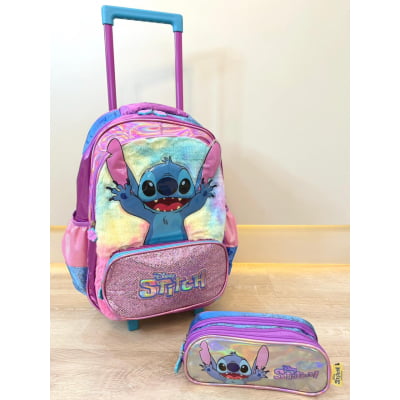 Kit Mochila Infantil C/ Rodinhas + Estojo Triplo da Lilo Stitch e Angel Roxa