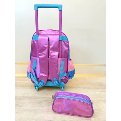 Kit Mochila Infantil C/ Rodinhas + Estojo Triplo da Lilo Stitch e Angel Roxa