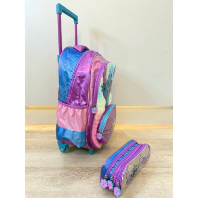 Kit Mochila Infantil C/ Rodinhas + Estojo Triplo da Lilo Stitch e Angel Roxa