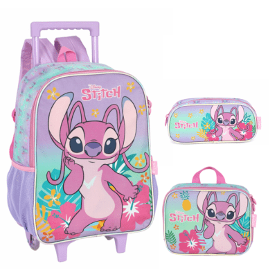 Kit Mochila Infantil C/ Rodinhas Lilás Tam. 16 + Lancheira Térmica + Estojo Simples Angel e Stitch Kit Mochila Infantil C/ Rodinhas Lilás Tam. 16 + Lancheira Térmica + Estojo Simples Angel e Stitch