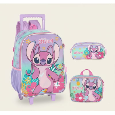 Kit Mochila Infantil C/ Rodinhas Lilás Tam. 16 + Lancheira Térmica + Estojo Simples Angel e Stitch