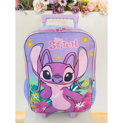 Kit Mochila Infantil C/ Rodinhas Lilás Tam. 16 + Lancheira Térmica + Estojo Simples Angel e Stitch