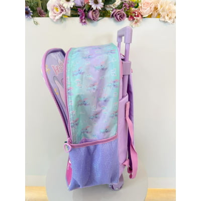 Kit Mochila Infantil C/ Rodinhas Lilás Tam. 16 + Lancheira Térmica + Estojo Simples Angel e Stitch