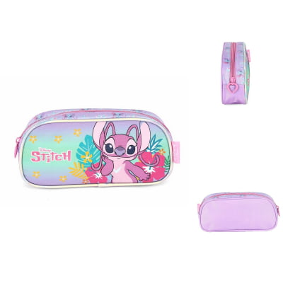 Kit Mochila Infantil C/ Rodinhas Lilás Tam. 16 + Lancheira Térmica + Estojo Simples Angel e Stitch