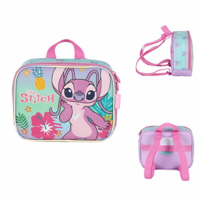 Kit Mochila Infantil C/ Rodinhas Lilás Tam. 16 + Lancheira Térmica + Estojo Simples Angel e Stitch