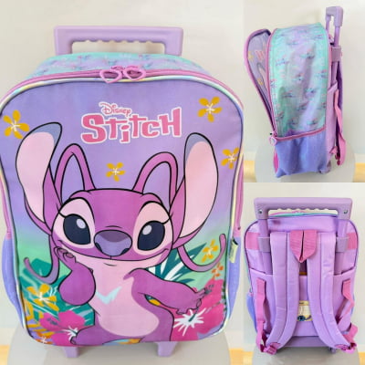 Kit Mochila Infantil C/ Rodinhas Lilás Tam. 16 + Lancheira Térmica + Estojo Simples Angel e Stitch