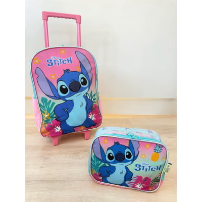Kit Mochila Infantil C/ Rodinhas Tam. 16 + Lancheira Térmica Lilo e Stitch