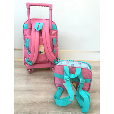 Kit Mochila Infantil C/ Rodinhas Tam. 16 + Lancheira Térmica Lilo e Stitch