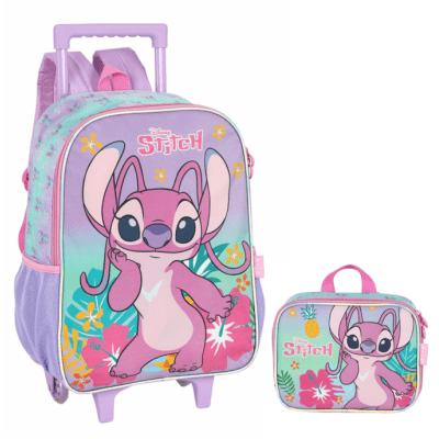 Kit Mochila Infantil C/ Rodinhas Lilás Tam. 16 + Lancheira Térmica Angel e Stitch