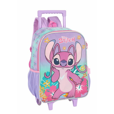 Kit Mochila Infantil C/ Rodinhas Lilás Tam. 16 + Lancheira Térmica Angel e Stitch
